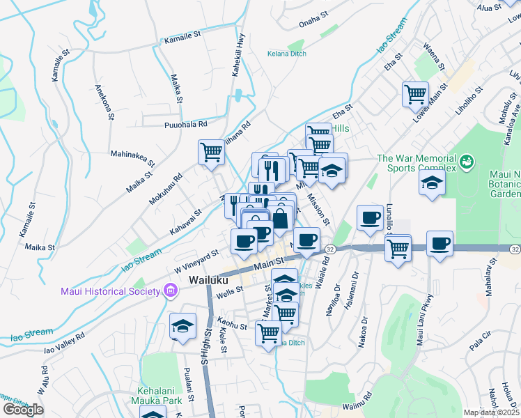 map of restaurants, bars, coffee shops, grocery stores, and more near 183 Olu Drive in Wailuku