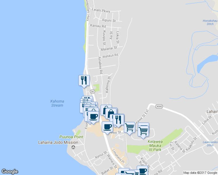 map of restaurants, bars, coffee shops, grocery stores, and more near 1350 Kahoma Street in Lahaina