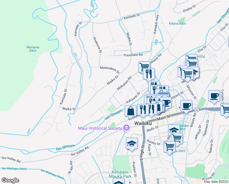 map of restaurants, bars, coffee shops, grocery stores, and more near 2172 Mokuhau Road in Wailuku