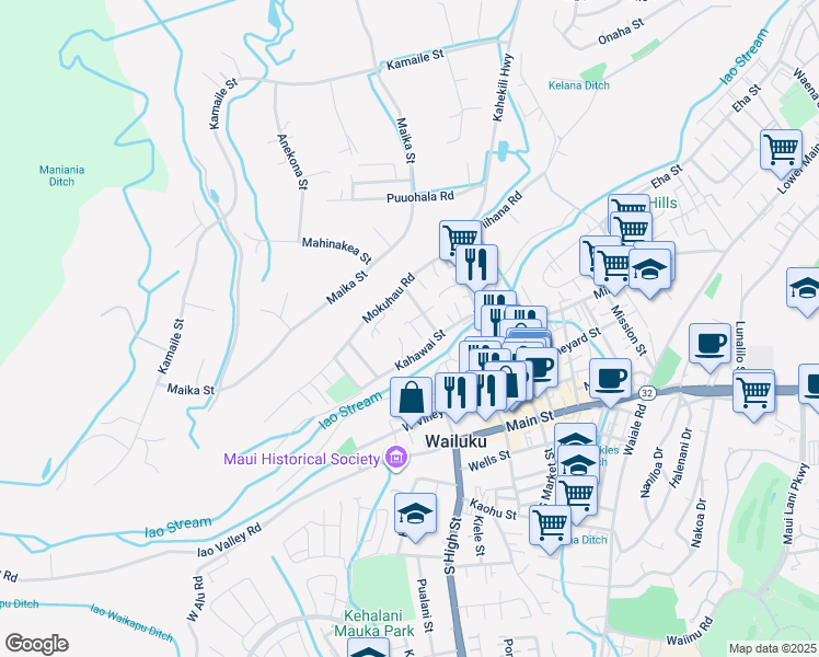 map of restaurants, bars, coffee shops, grocery stores, and more near 341 Alani Place in Wailuku