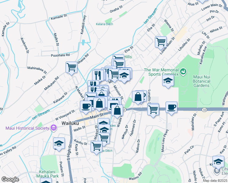 map of restaurants, bars, coffee shops, grocery stores, and more near 1771 East Vineyard Street in Wailuku