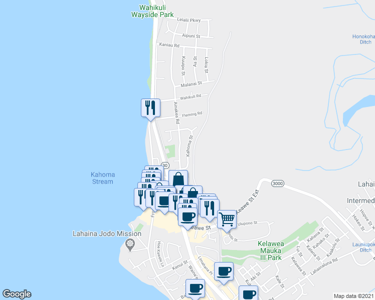 map of restaurants, bars, coffee shops, grocery stores, and more near Kahoma Street in Lahaina