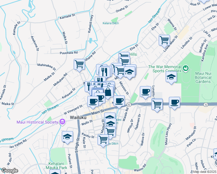map of restaurants, bars, coffee shops, grocery stores, and more near 1920A East Vineyard Street in Wailuku