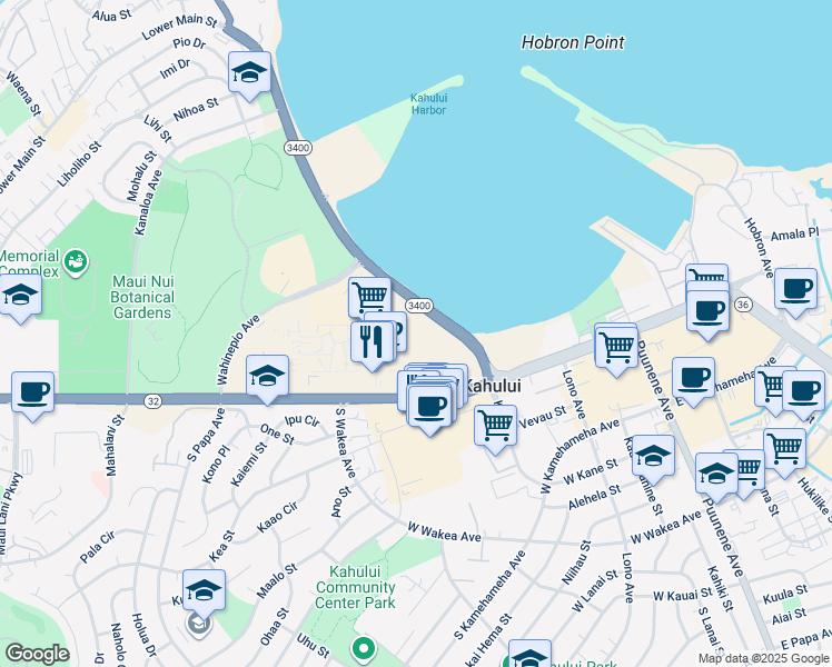 map of restaurants, bars, coffee shops, grocery stores, and more near 111 Kahului Beach Road in Kahului