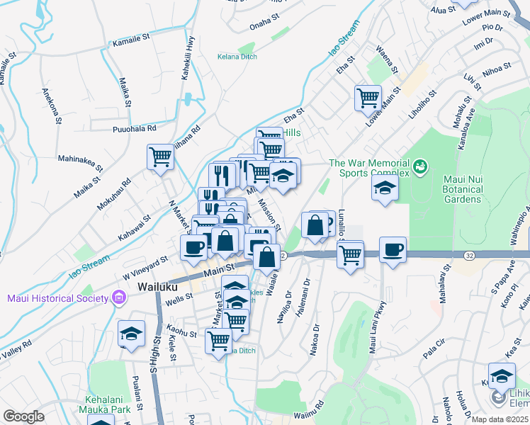 map of restaurants, bars, coffee shops, grocery stores, and more near 69 Mission Street in Wailuku