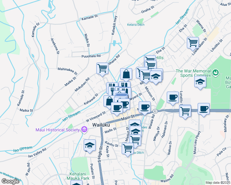 map of restaurants, bars, coffee shops, grocery stores, and more near 1977 Liko Place in Wailuku