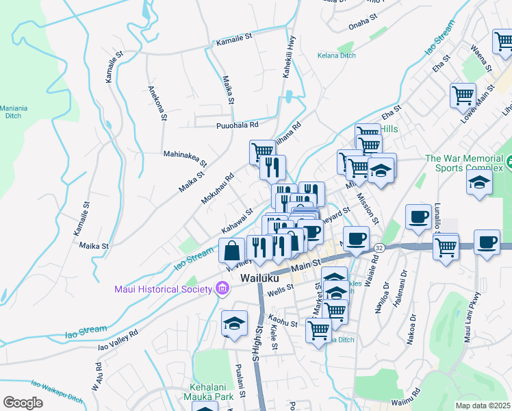 map of restaurants, bars, coffee shops, grocery stores, and more near 2060 Kahawai Street in Wailuku