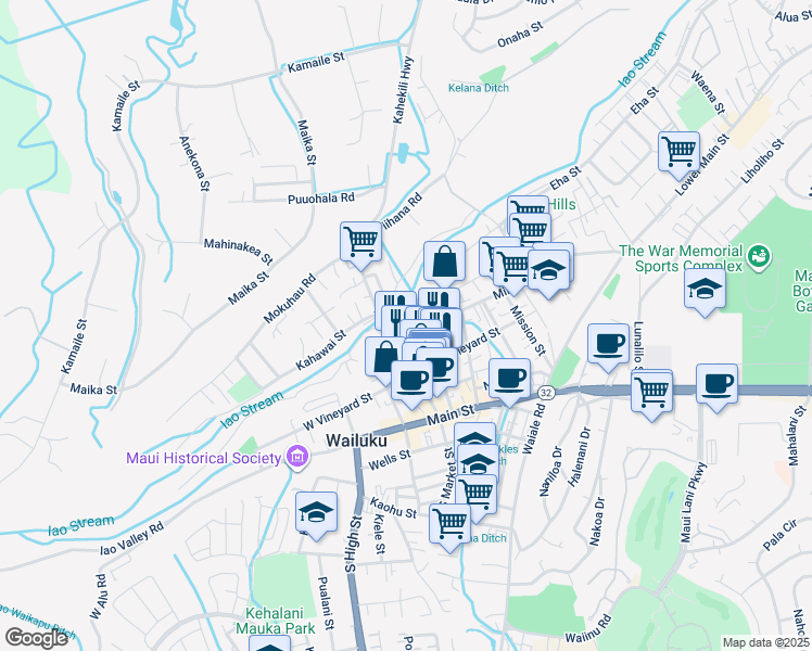 map of restaurants, bars, coffee shops, grocery stores, and more near 1977 Liko Place in Wailuku