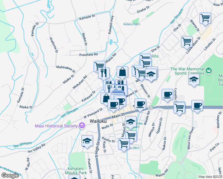 map of restaurants, bars, coffee shops, grocery stores, and more near 1977 Liko Place in Wailuku