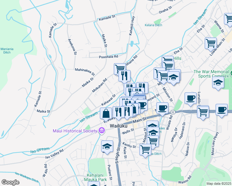 map of restaurants, bars, coffee shops, grocery stores, and more near 2060 Kahawai Street in Wailuku