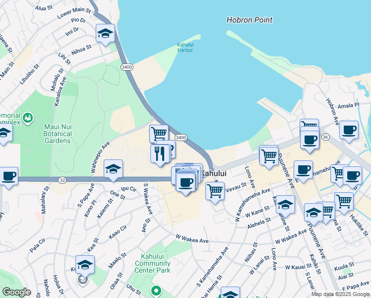 map of restaurants, bars, coffee shops, grocery stores, and more near 111 Kahului Beach Road in Kahului