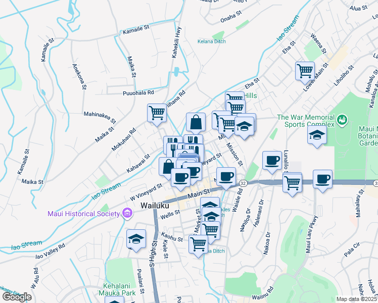 map of restaurants, bars, coffee shops, grocery stores, and more near 1950 Olu Drive in Wailuku