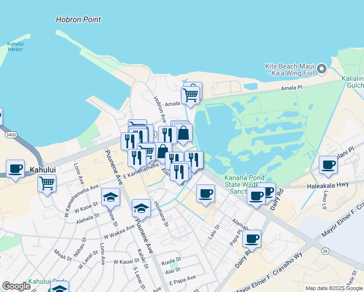 map of restaurants, bars, coffee shops, grocery stores, and more near 30 Hobron Avenue in Kahului
