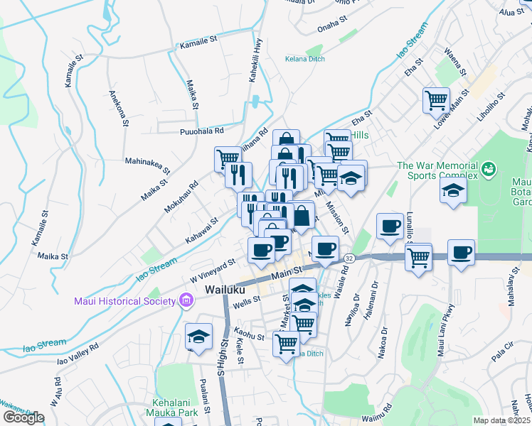 map of restaurants, bars, coffee shops, grocery stores, and more near 1950A Liko Place in Wailuku