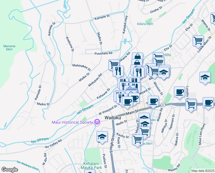 map of restaurants, bars, coffee shops, grocery stores, and more near 270 Makua Street in Wailuku