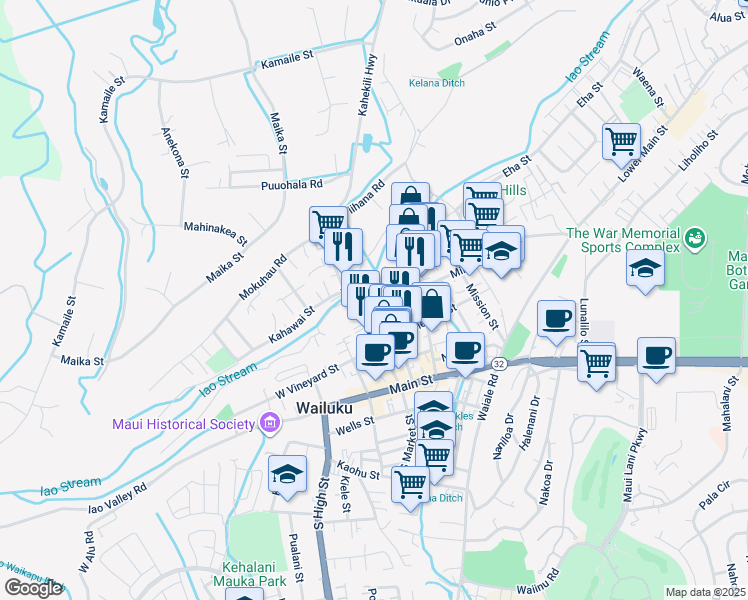 map of restaurants, bars, coffee shops, grocery stores, and more near 1971 Liko Place in Wailuku