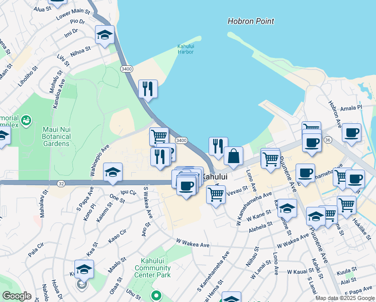 map of restaurants, bars, coffee shops, grocery stores, and more near 111 Kahului Beach Road in Kahului