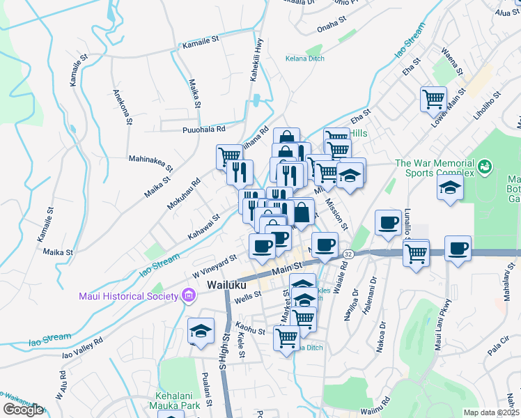 map of restaurants, bars, coffee shops, grocery stores, and more near 1971 Liko Place in Wailuku