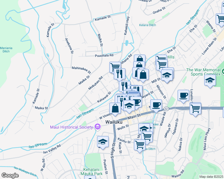 map of restaurants, bars, coffee shops, grocery stores, and more near 2054 Kahawai Street in Wailuku