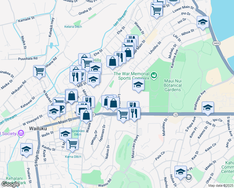 map of restaurants, bars, coffee shops, grocery stores, and more near 91 Lunalilo Street in Wailuku