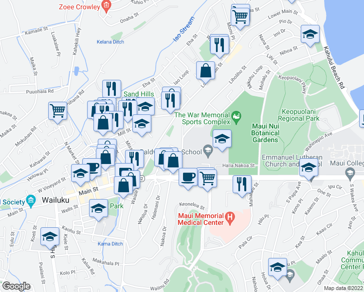 map of restaurants, bars, coffee shops, grocery stores, and more near 84 Lunalilo Street in Wailuku