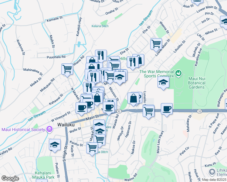 map of restaurants, bars, coffee shops, grocery stores, and more near 1720 East Vineyard Street in Wailuku