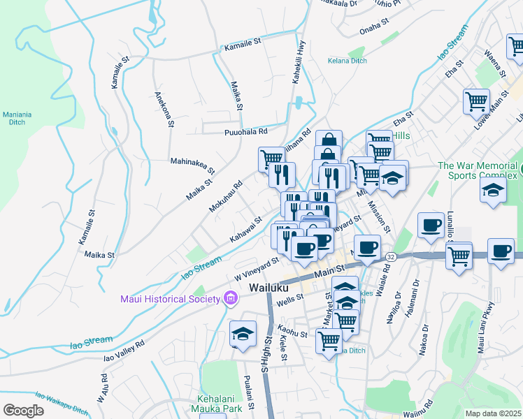 map of restaurants, bars, coffee shops, grocery stores, and more near 277 Pule Place in Wailuku