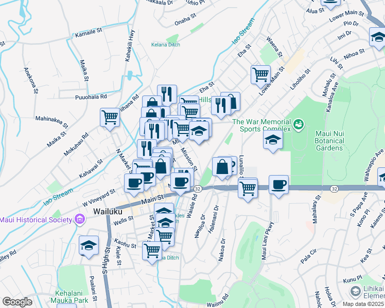 map of restaurants, bars, coffee shops, grocery stores, and more near 1715 East Vineyard Street in Wailuku