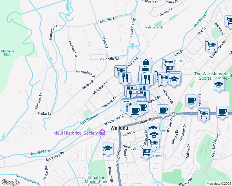 map of restaurants, bars, coffee shops, grocery stores, and more near 277 Pule Place in Wailuku