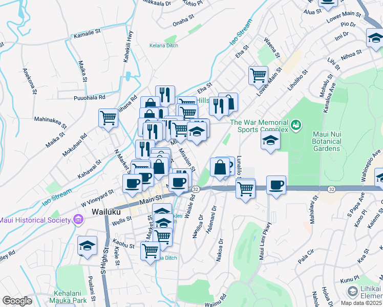 map of restaurants, bars, coffee shops, grocery stores, and more near 1705 East Vineyard Street in Wailuku