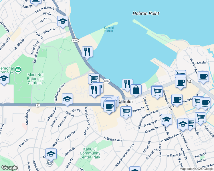 map of restaurants, bars, coffee shops, grocery stores, and more near 111 Kahului Beach Road in Kahului