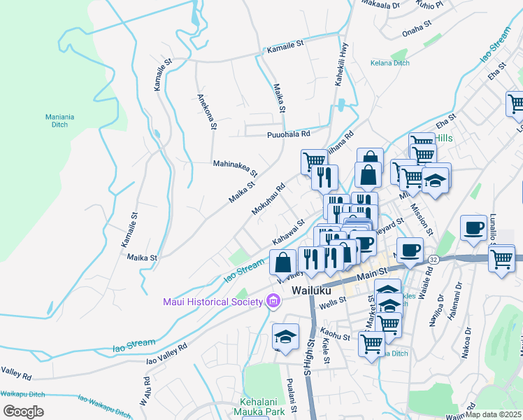 map of restaurants, bars, coffee shops, grocery stores, and more near 2131 Mokuhau Road in Wailuku