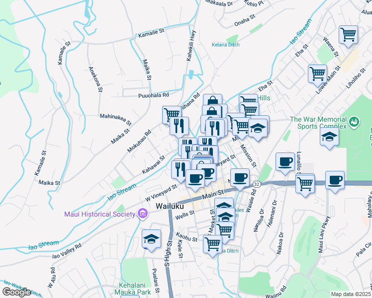 map of restaurants, bars, coffee shops, grocery stores, and more near 318 North Market Street in Wailuku
