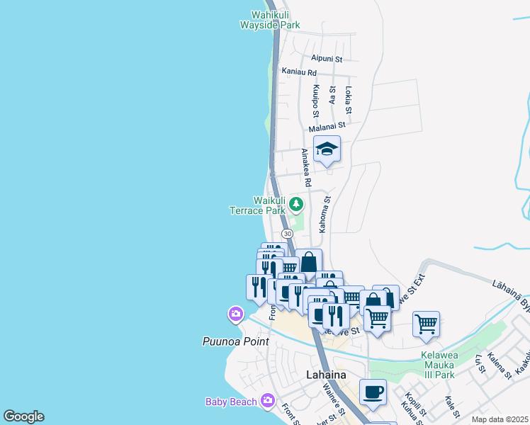 map of restaurants, bars, coffee shops, grocery stores, and more near 1429 Front Street in Lahaina
