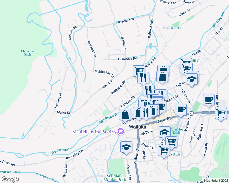 map of restaurants, bars, coffee shops, grocery stores, and more near 2131 Mokuhau Road in Wailuku