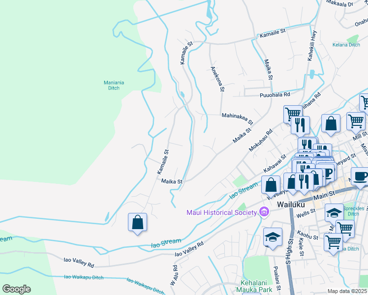 map of restaurants, bars, coffee shops, grocery stores, and more near 70 Liliwai Place in Wailuku