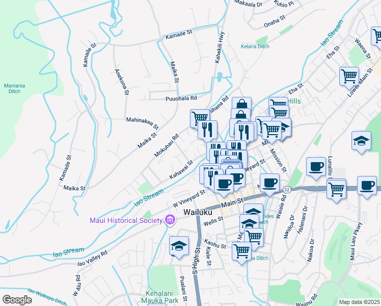 map of restaurants, bars, coffee shops, grocery stores, and more near 283 Pule Place in Wailuku
