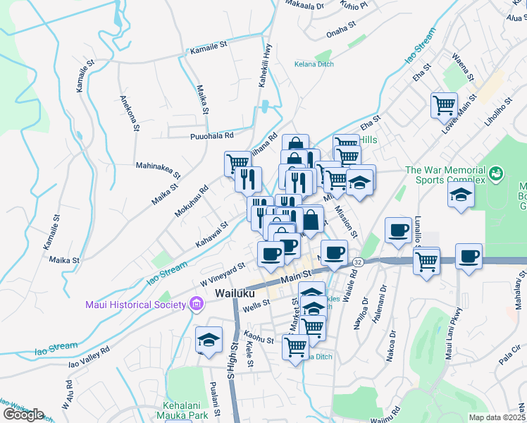 map of restaurants, bars, coffee shops, grocery stores, and more near 1950A Liko Place in Wailuku