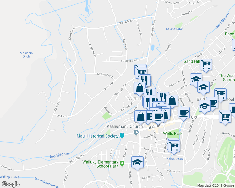 map of restaurants, bars, coffee shops, grocery stores, and more near 2123 Mokuhau Road in Wailuku
