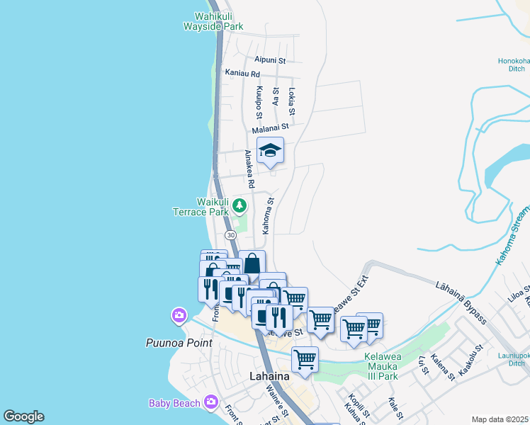 map of restaurants, bars, coffee shops, grocery stores, and more near 1369 Kahoma Street in Lahaina