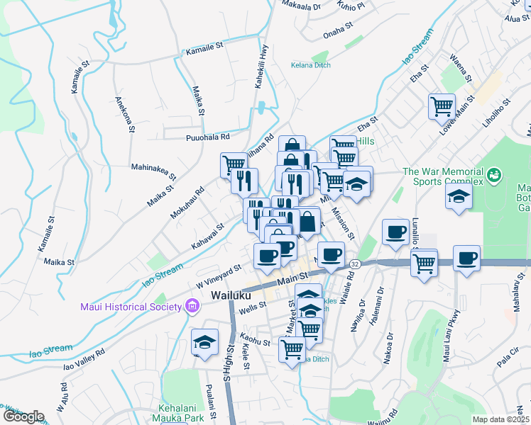 map of restaurants, bars, coffee shops, grocery stores, and more near 1964 Liko Place in Wailuku
