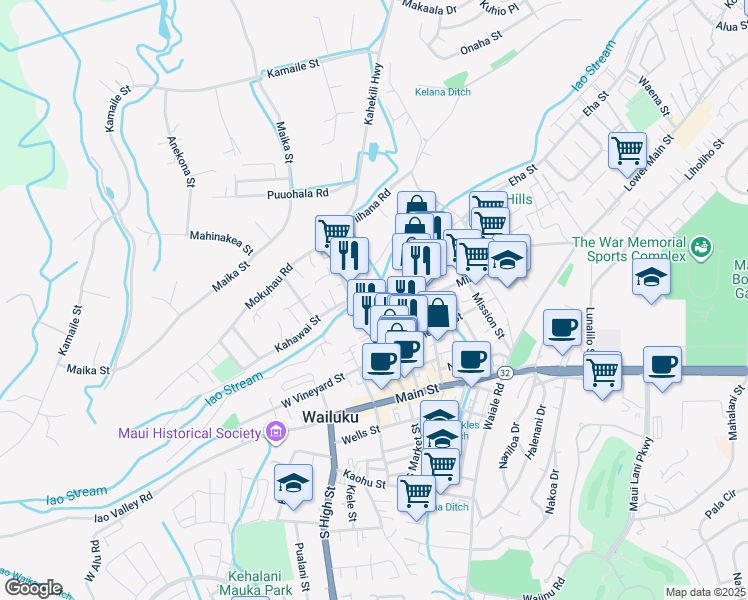 map of restaurants, bars, coffee shops, grocery stores, and more near 1966 Liko Place in Wailuku