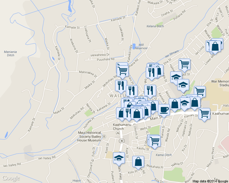 map of restaurants, bars, coffee shops, grocery stores, and more near 289 Pule Place in Wailuku