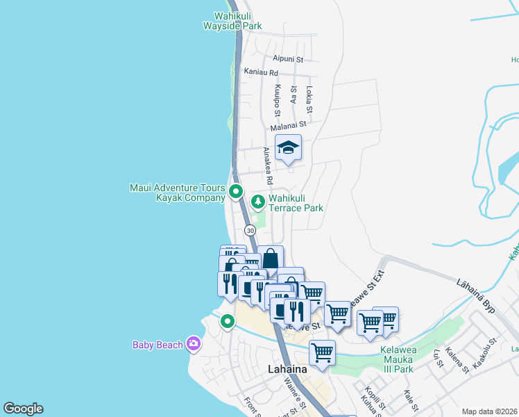 map of restaurants, bars, coffee shops, grocery stores, and more near 1371 Komohana Place in Lahaina