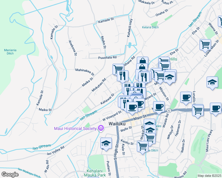 map of restaurants, bars, coffee shops, grocery stores, and more near 2121 Kuamoo Place in Wailuku