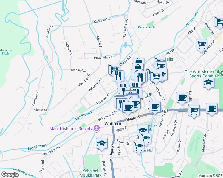 map of restaurants, bars, coffee shops, grocery stores, and more near 270 Pule Place in Wailuku