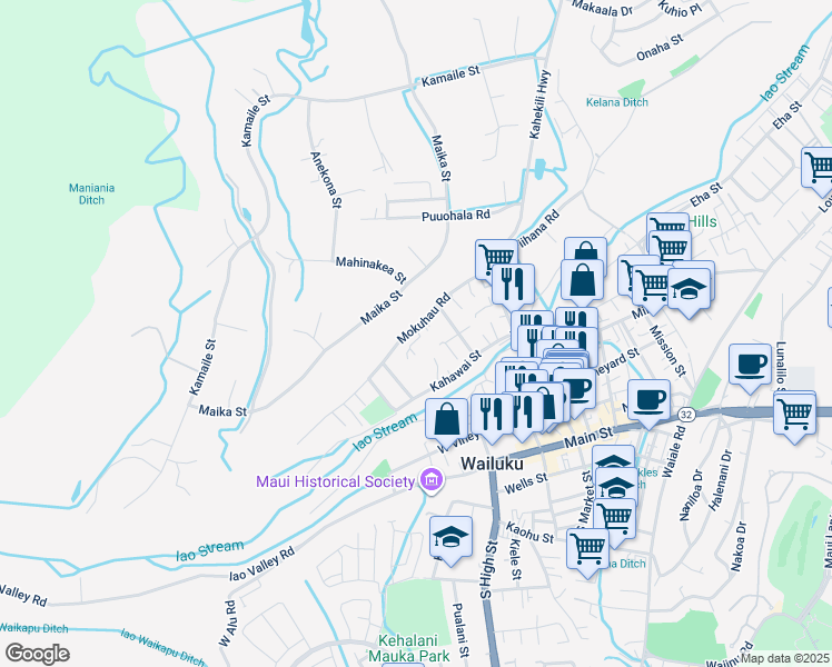 map of restaurants, bars, coffee shops, grocery stores, and more near 2123 Mokuhau Road in Wailuku