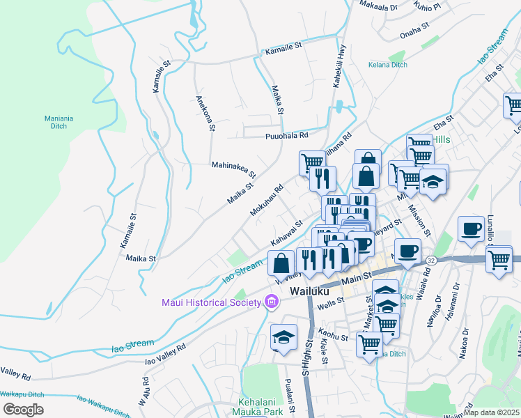 map of restaurants, bars, coffee shops, grocery stores, and more near 2127 Mokuhau Road in Wailuku
