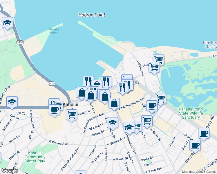 map of restaurants, bars, coffee shops, grocery stores, and more near 7 East Kaahumanu Avenue in Kahului