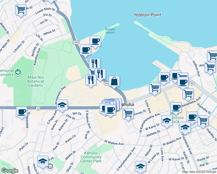 map of restaurants, bars, coffee shops, grocery stores, and more near 111 Kahului Beach Road in Kahului